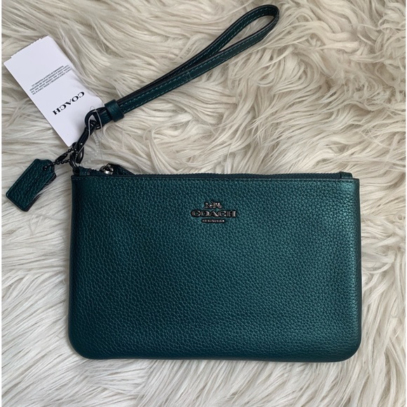 Coach Small Leather Wristlet Metallic Dark Green - Picture 3 of 10